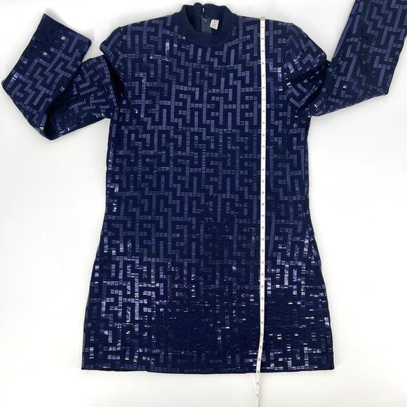 St. John Evening Geometric Greek Key Pattern Navy Sequin Long Sleeved Dress 8 - Picture 5 of 9
